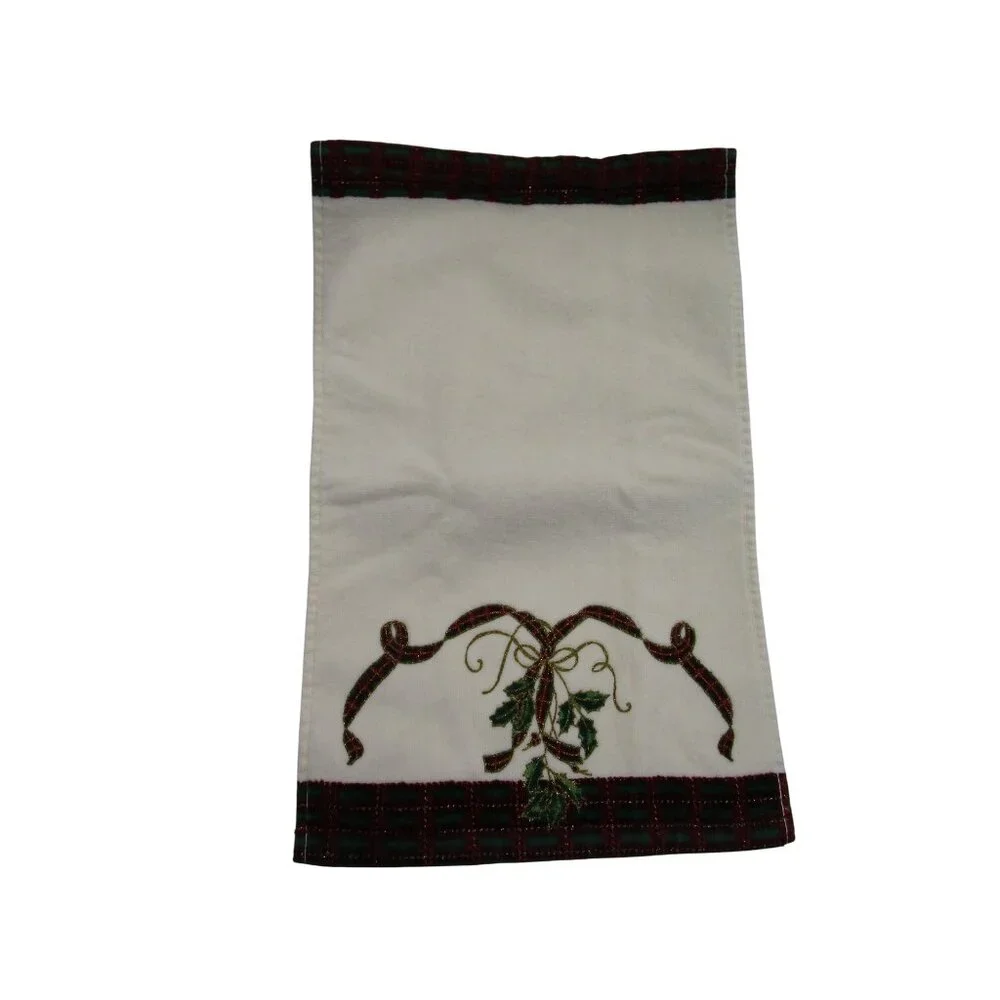 Lenox Holiday Christmas Towel Set Embroidered Holly Tartan Trim EUC